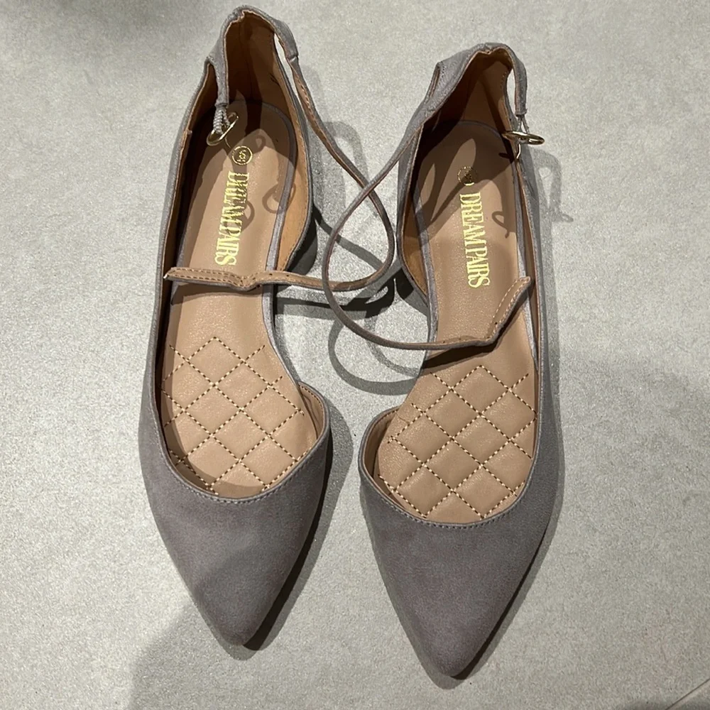 Women size 6 Pointed gray ballet flats with adjustable strap shoes